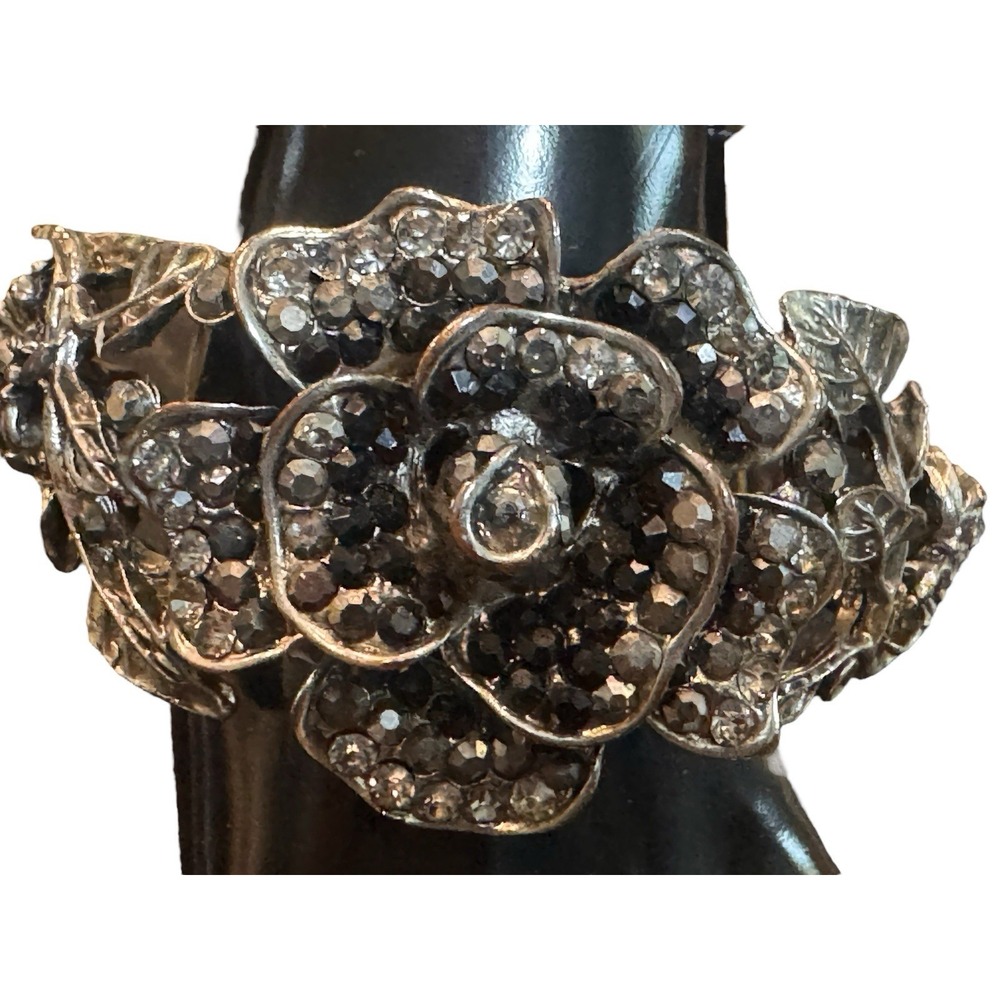 Vtg Clamp Bangle Bracelet With Sculpted Chunky Roses Leaves Cubic Zirconia